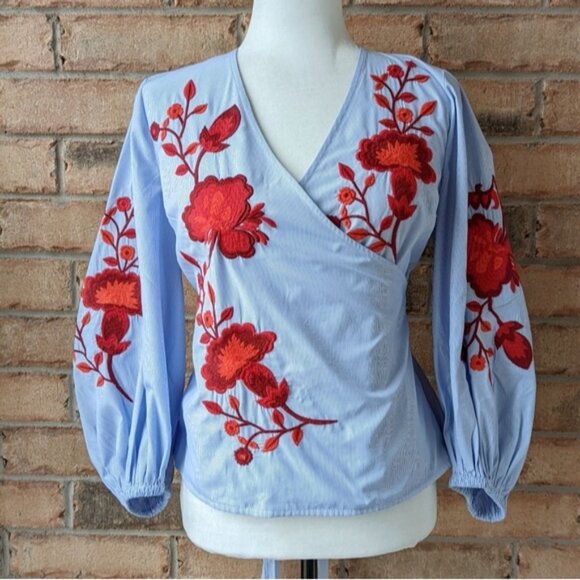 Embroidered floral tie waist vneck striped blouse - Picture 1 of 5